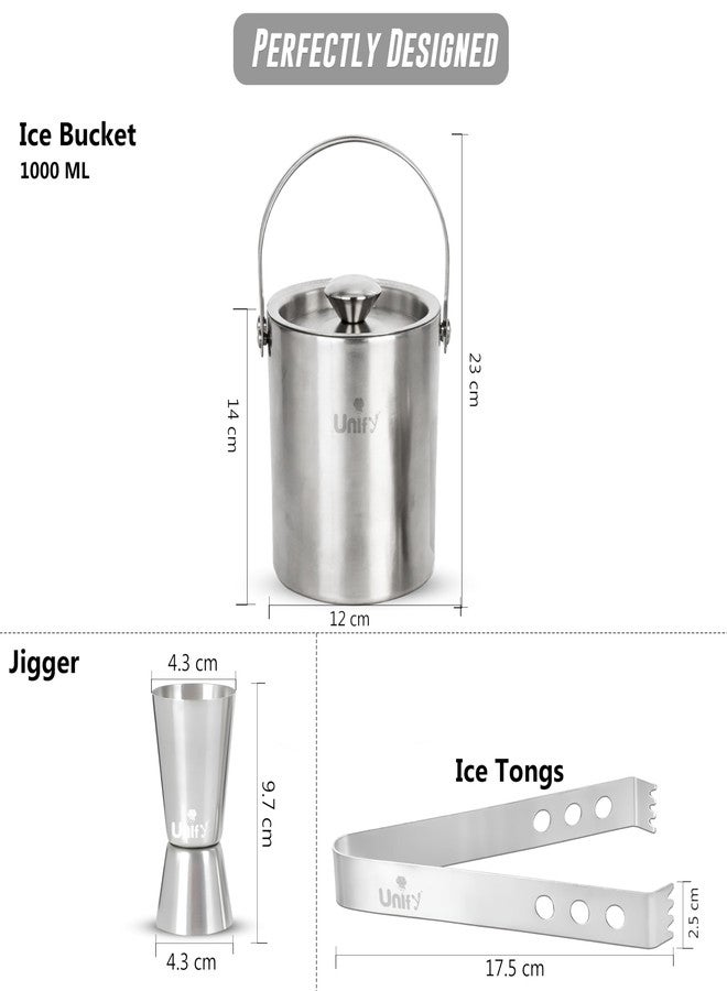 Unify 3 Pieces Stainless Steel Double Wall Ice Bucket Set (1 Litre) with Lid, Ice Tongs & 30/60 ml Peg Measurer | Insulated Ice Bucket for Home Bar, Parties & Cocktails, Bar Accessories - Image 2